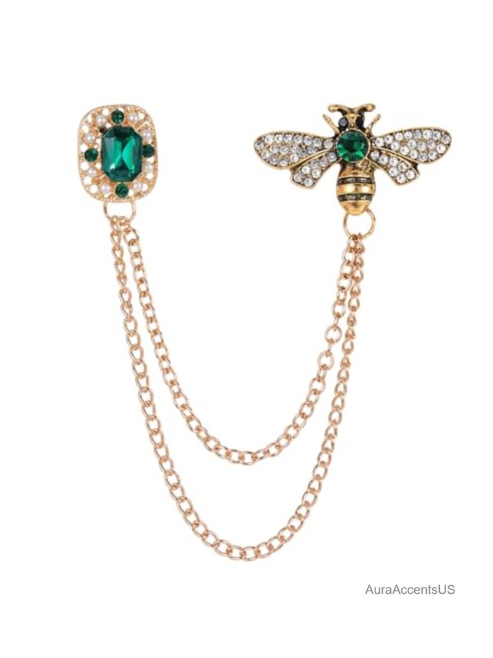 Vintage Bee Brooch Pin with Chain Tassel Crystal Lapel Pin for Women Men